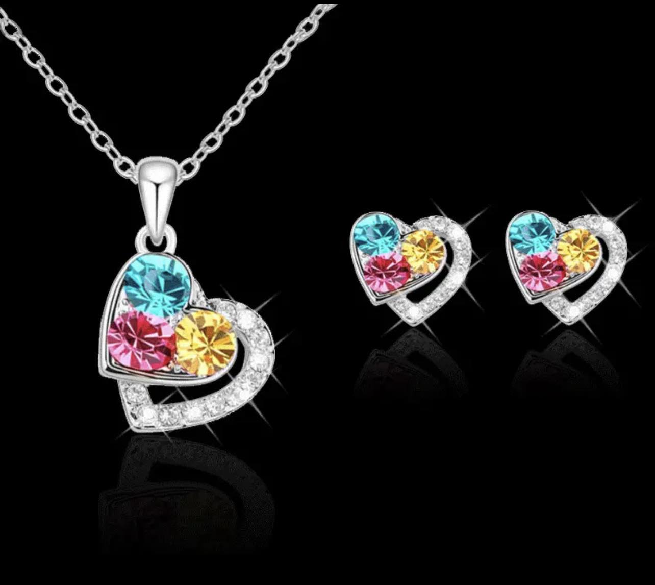 multi color heart earrings and necklace set